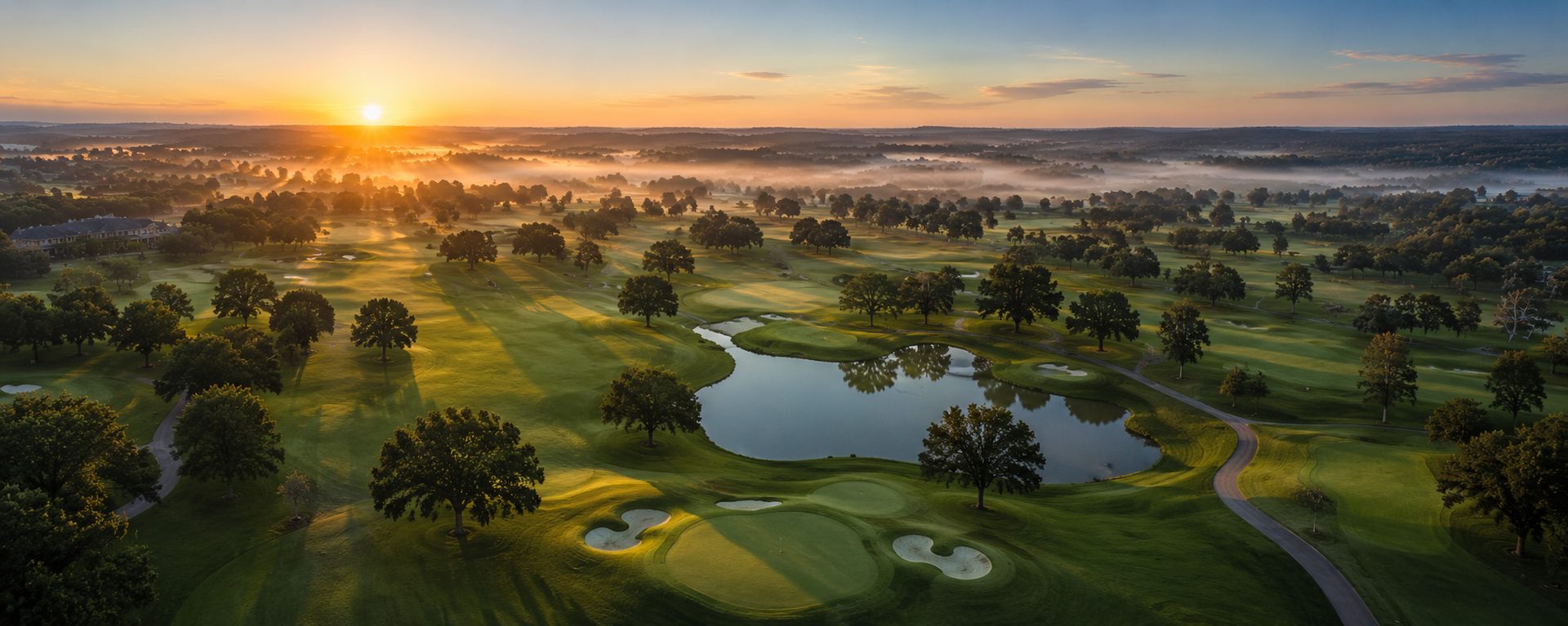Aerial view of a DFW golf course at sunrise